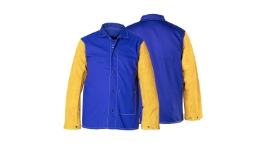 金黃色皮袖，藍色阻燃布焊服